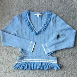 Jonathan Simkhai | Ruffle Cut-Out Long Sleeve Top | Small | Baby Blue & White